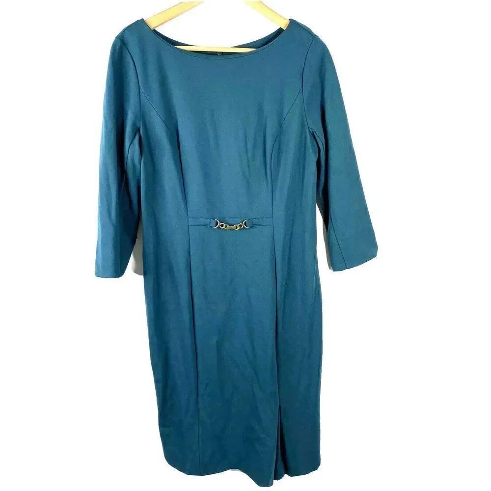 Talbots Dress Size 8 Womens Green Refined Ponte Gold Buckle Sheath 3/4 Sleeve